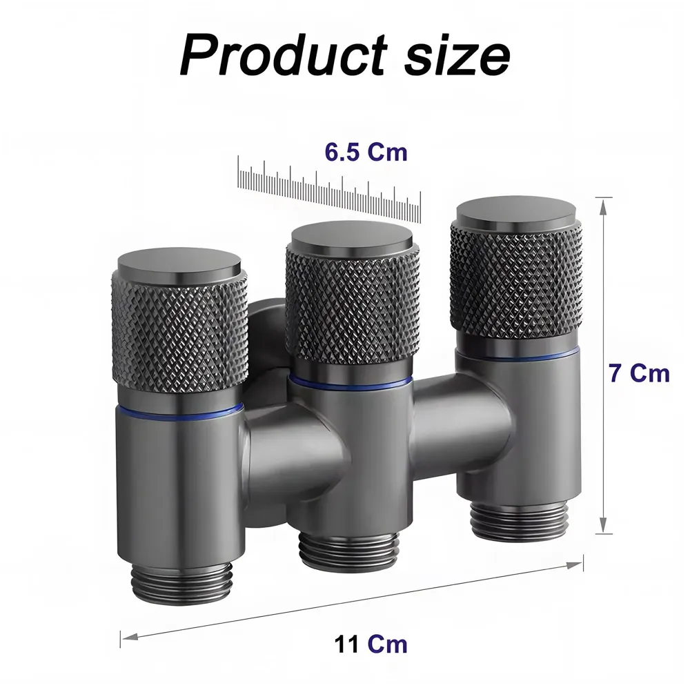 AQUAKART 3 in 1 Angular Angle Valve Black Triple Tap for Bathroom, Geyser | Luxury Series Three-Way Angle Valve 3 in 1 valve for Bathroom Three Way Tap Black Washing Machine. 11 x 7 cm - 4