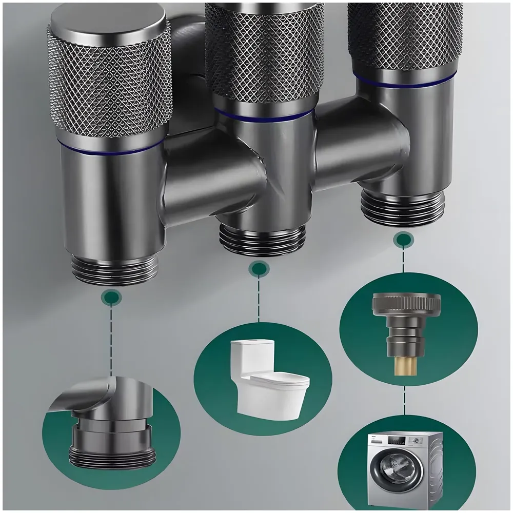 AQUAKART 3 in 1 Angular Angle Valve Black Triple Tap for Bathroom, Geyser | Luxury Series Three-Way Angle Valve 3 in 1 valve for Bathroom Three Way Tap Black Washing Machine. 11 x 7 cm - 5