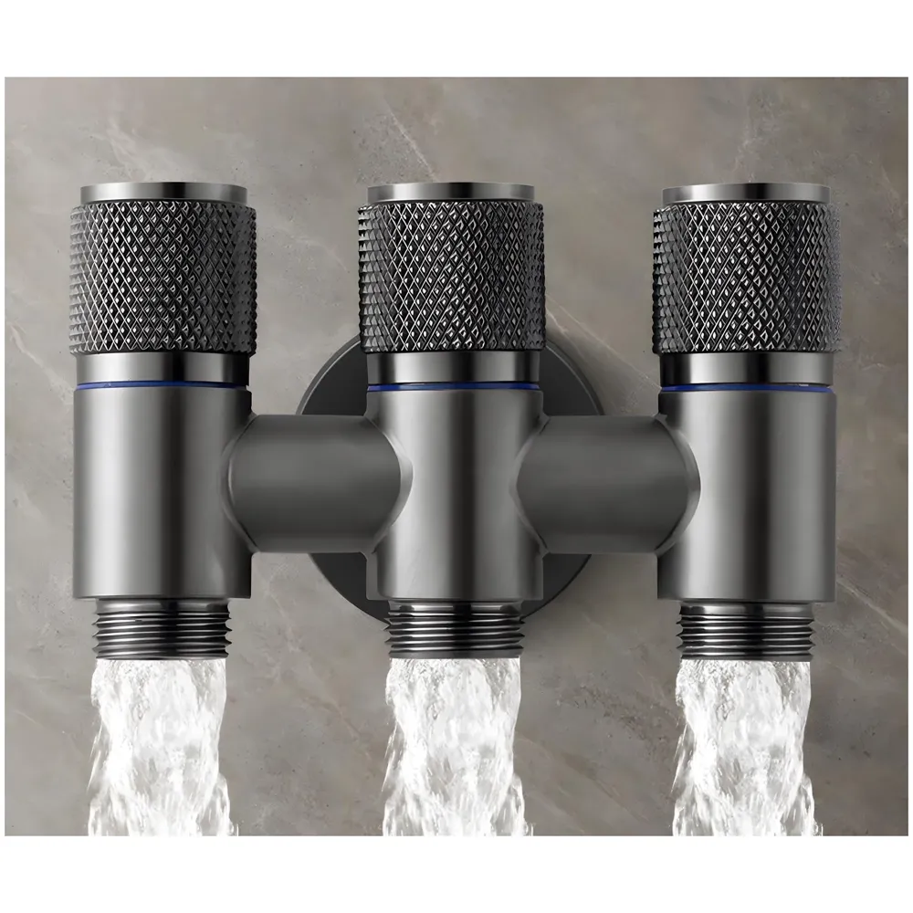 AQUAKART 3 in 1 Angular Angle Valve Black Triple Tap for Bathroom, Geyser | Luxury Series Three-Way Angle Valve 3 in 1 valve for Bathroom Three Way Tap Black Washing Machine. 11 x 7 cm - 6