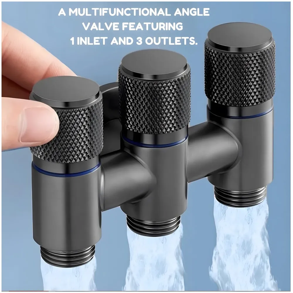 3 in 1 Angular Angle Valve Black Triple Tap for Bathroom, Geyser | Luxury Series Three-Way Angle Valve 3 in 1 valve for Bathroom Three Way Tap Black Washing Machine. 11 x 7 cm