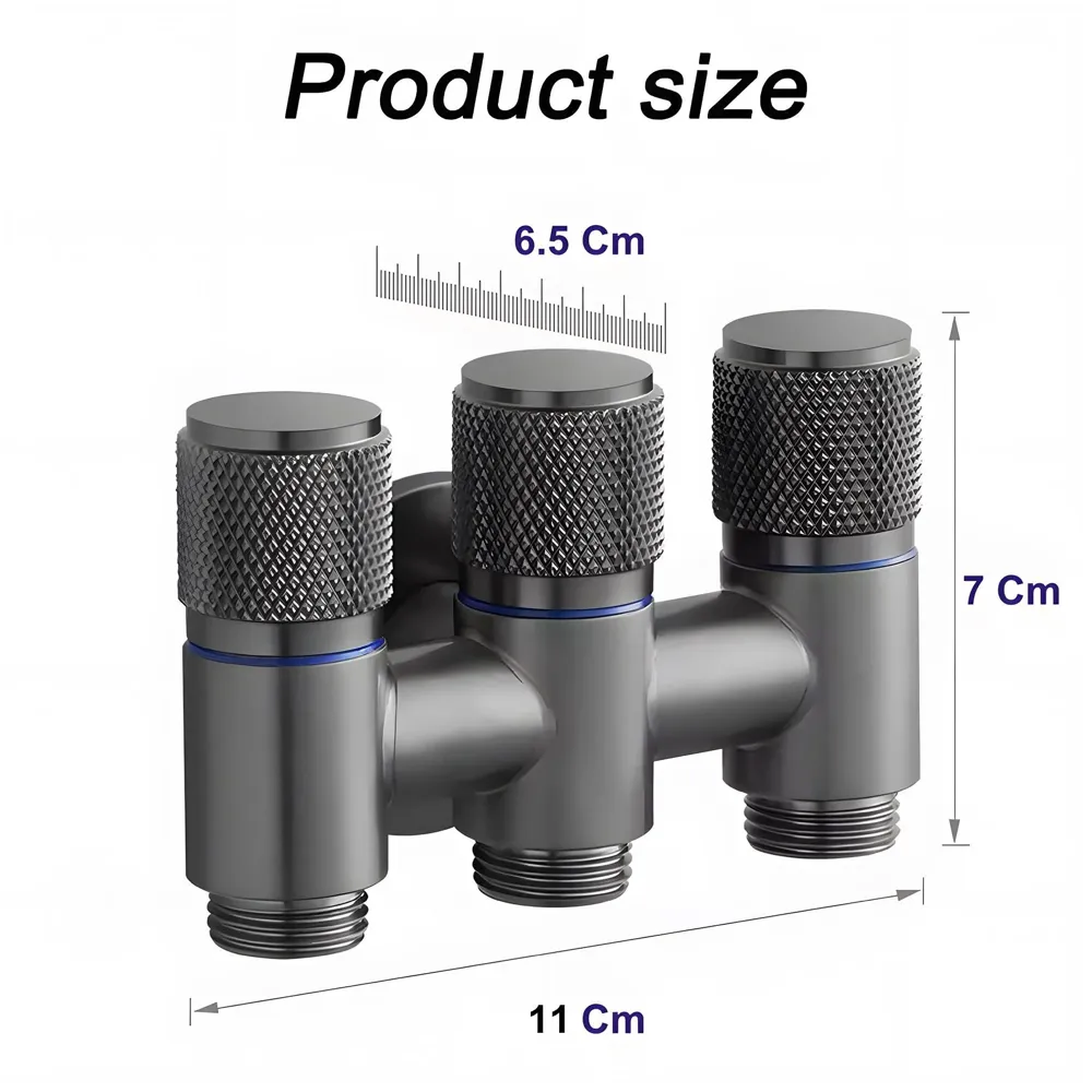3 in 1 Angular Angle Valve Black Triple Tap for Bathroom, Geyser | Luxury Series Three-Way Angle Valve 3 in 1 valve for Bathroom Three Way Tap Black Washing Machine. 11 x 7 cm