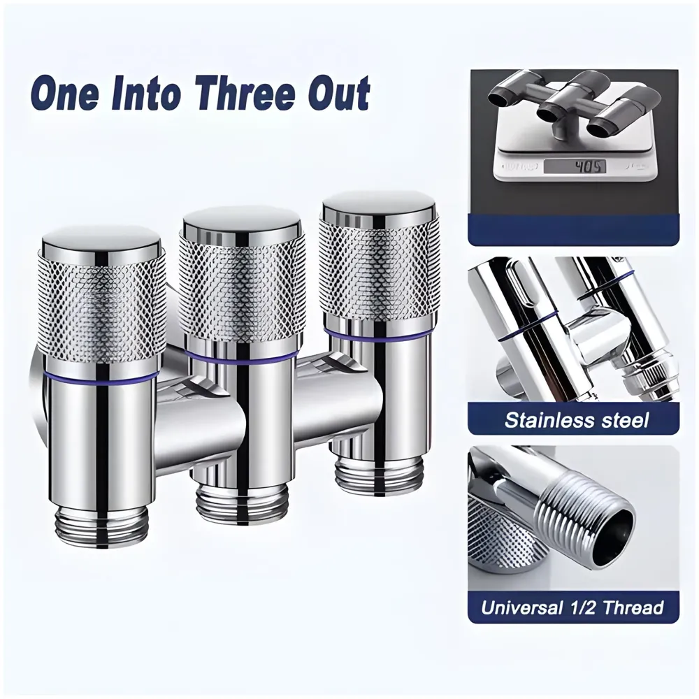 AQUAKART 3 in 1 Angular Angle Valve Black Triple Tap for Bathroom, Geyser | Luxury Series Three-Way 3 in 1 Valve for Bathroom Three Way Tap Silver Chrome Washing Machine. 11 x 7 cm - 4
