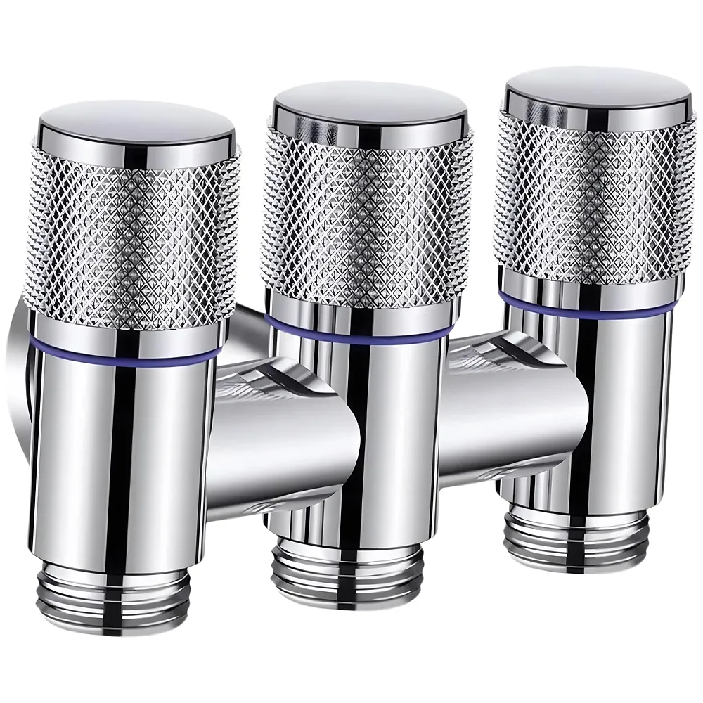 3 in 1 Angular Angle Valve Black Triple Tap for Bathroom, Geyser | Luxury Series Three-Way 3 in 1 Valve for Bathroom Three Way Tap Silver Chrome Washing Machine. 11 x 7 cm