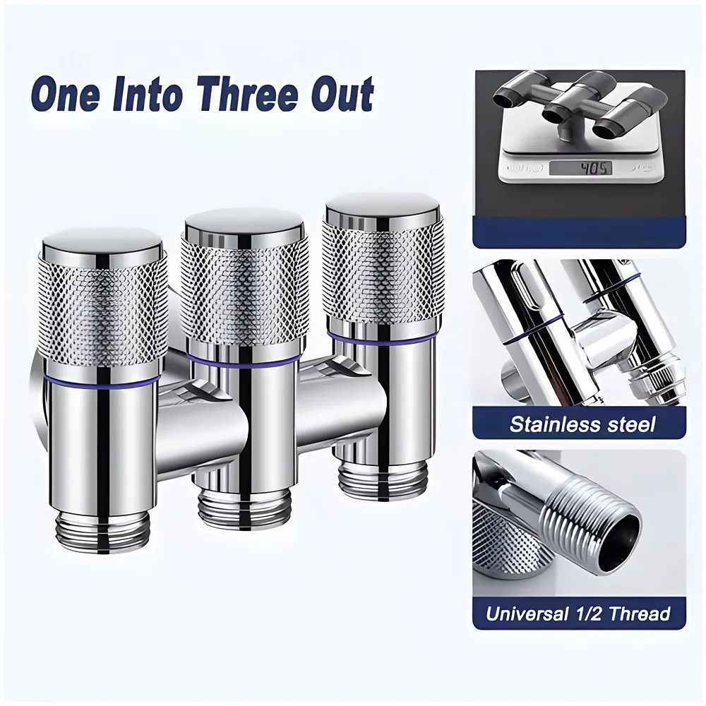 3 in 1 Angular Angle Valve Black Triple Tap for Bathroom, Geyser | Luxury Series Three-Way 3 in 1 Valve for Bathroom Three Way Tap Silver Chrome Washing Machine. 11 x 7 cm