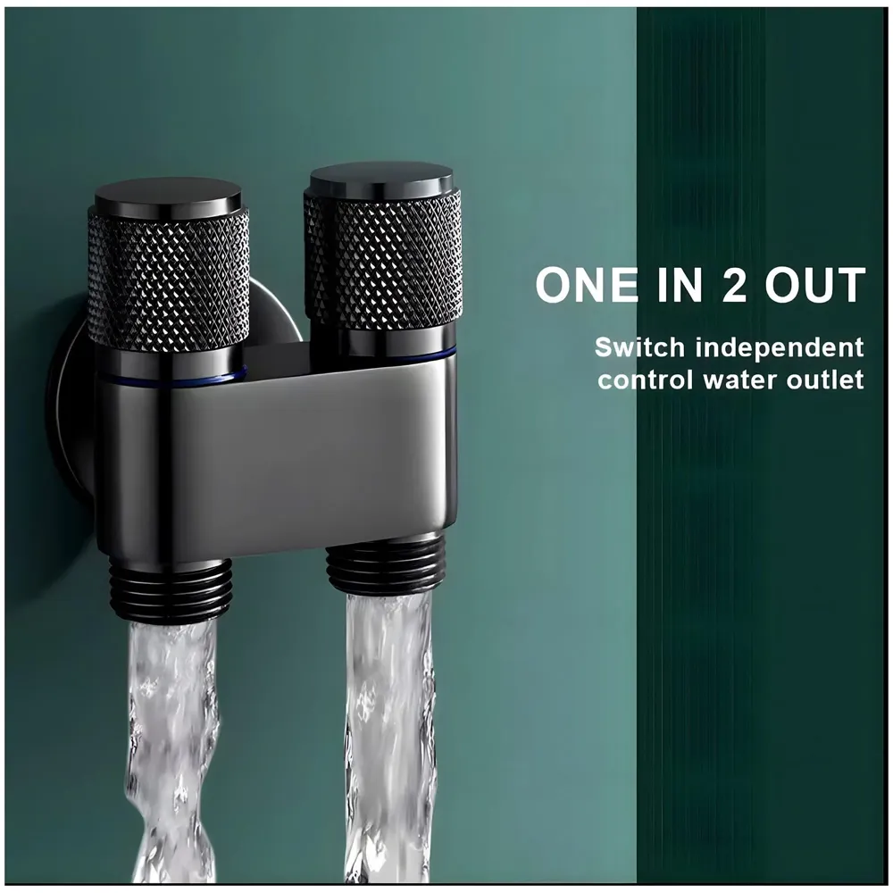 2 in 1 Angular Dual Double Angle Valve Black Dual Tap for Bathroom, Geyser | Luxury Series Two-Way Angle Valve | 2 in 1 Angle Valve for Bathroom | Two Way Tap Black Washing Machine.