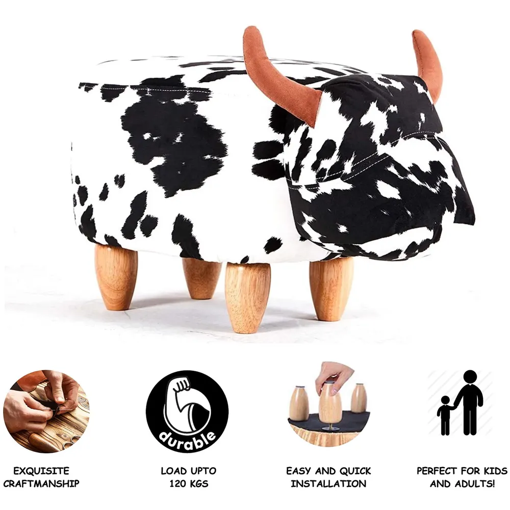 Upholstered Cow Ride-On Ottoman Footrest Stool with Vivid Adorable Animal Shape Padded Seat. (Kids and Adults, Cow)