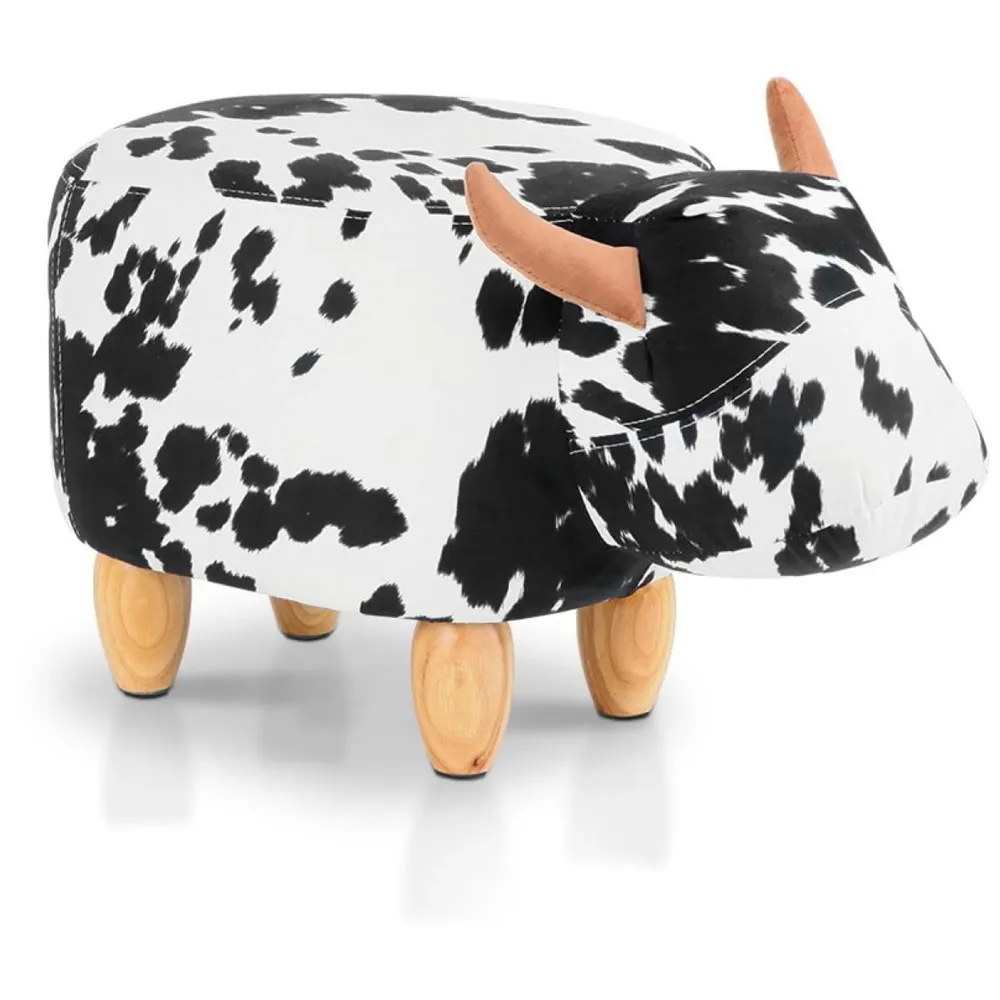 Upholstered Cow Ride-On Ottoman Footrest Stool with Vivid Adorable Animal Shape Padded Seat. (Kids and Adults, Cow)