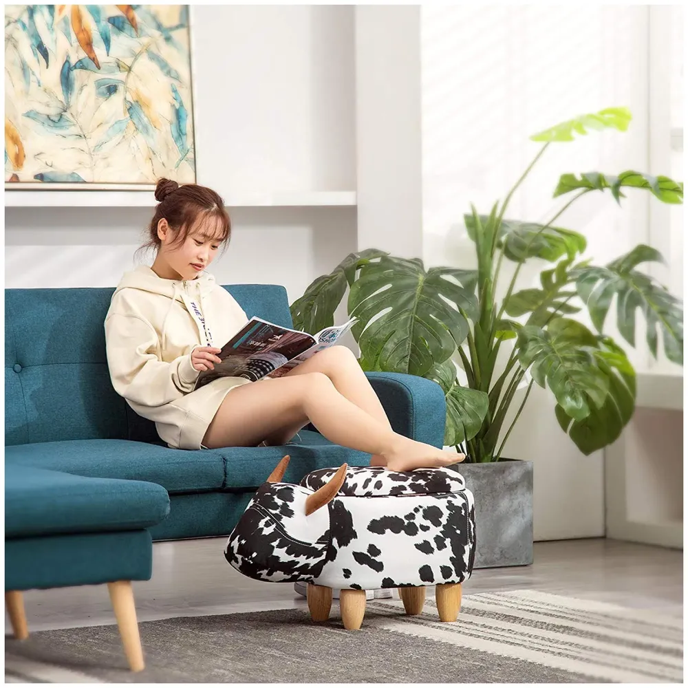 Upholstered Cow Ride-On Ottoman Footrest Stool with Vivid Adorable Animal Shape Padded Seat. (Kids and Adults, Cow)