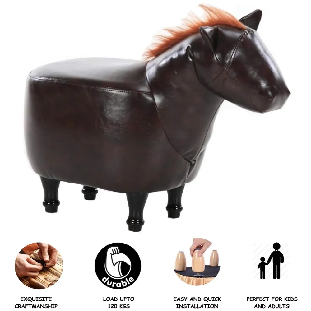 Upholstered Horse Ride-On Ottoman Footrest Stool with Vivid Adorable Animal Shape Padded Seat. (Kids and Adults, Horse) - 2