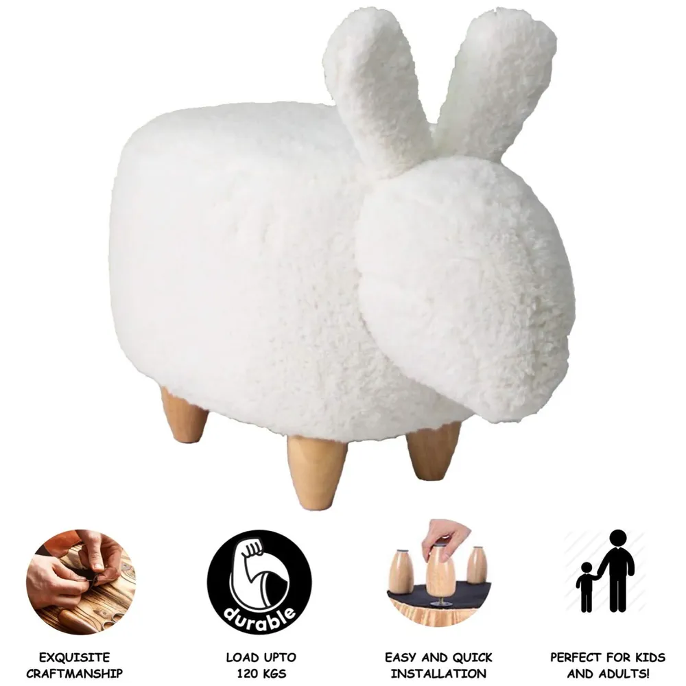 Upholstered Rabbit Ride-On Ottoman Footrest Stool with Vivid Adorable Animal Shape Padded Seat. (Kids and Adults, Rabbit)
