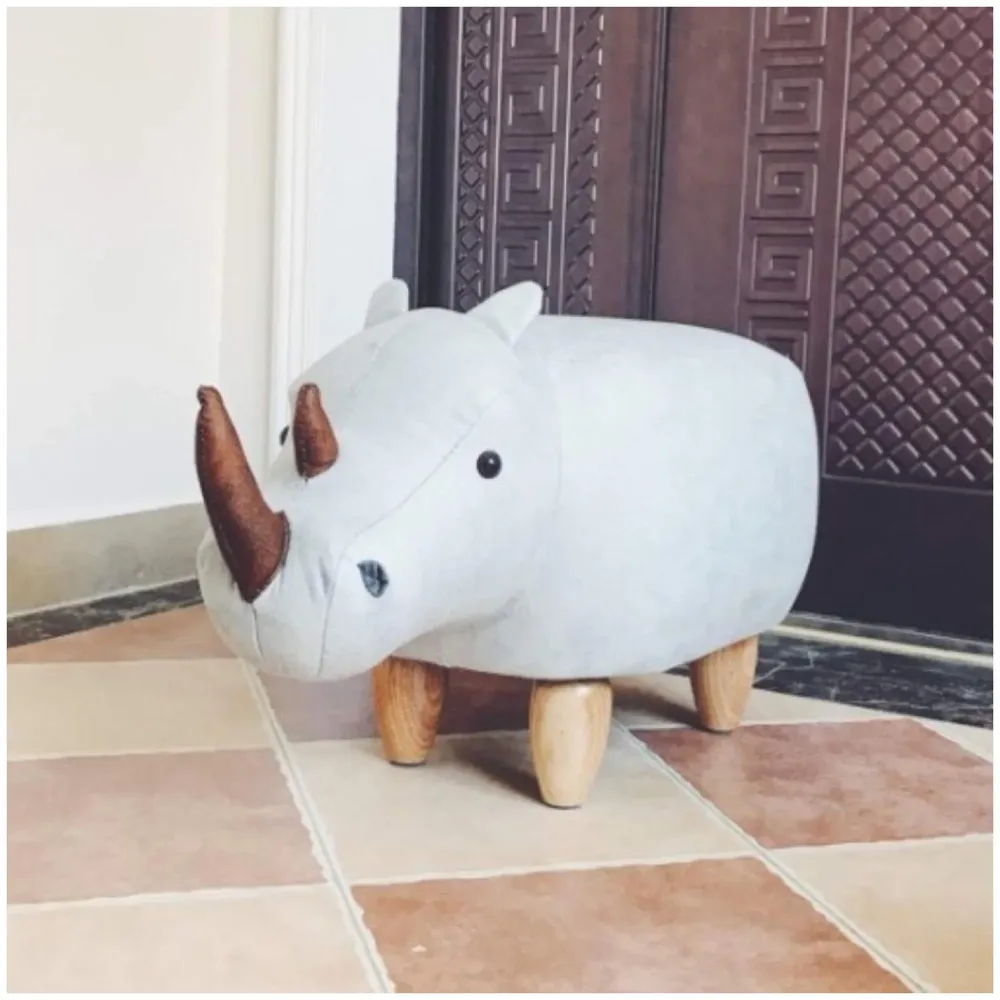 Upholstered Rhino Ride-On Ottoman Footrest Stool with Vivid Adorable Animal Shape Padded Seat. (Kids and Adults, Rhino)