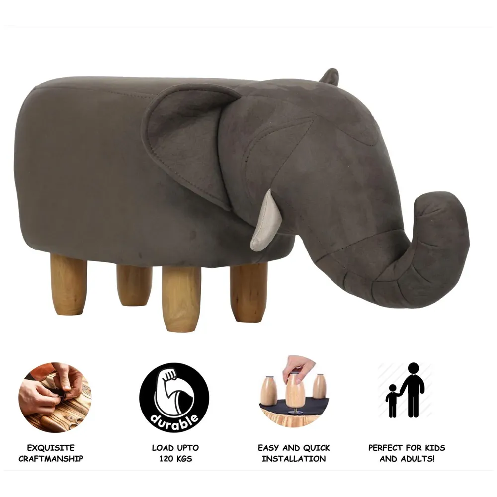 Upholstered Grey Elephant Ride-On Ottoman Footrest Stool with Vivid Adorable Animal Shape Padded Seat. (Kids and Adults, Grey Elephant)