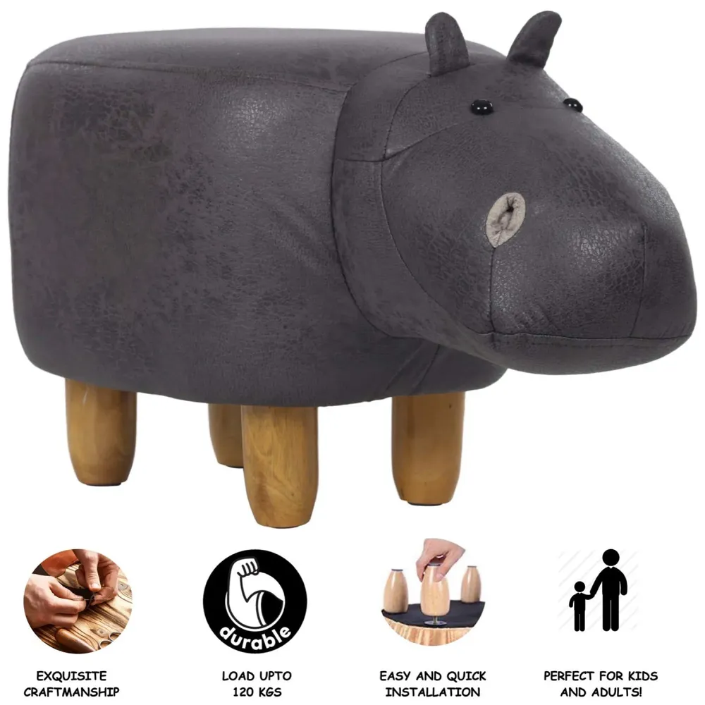 Upholstered Hippo Ride-On Ottoman Footrest Stool with Vivid Adorable Animal Shape Padded Seat. (Kids and Adults, Hippo)