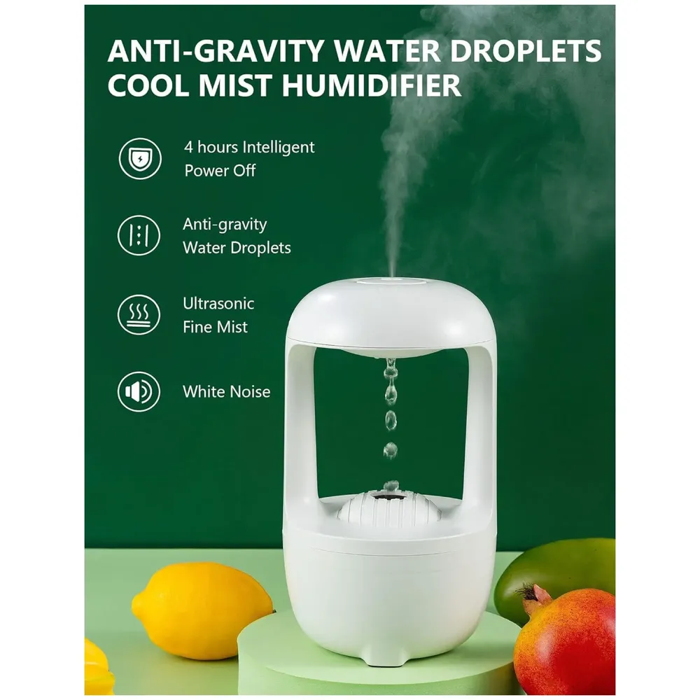 Anti-Gravity Humidifier Ultrasonic Cold Mist With Water Drop Spraying, Backflow Of Water Unique Lighting Design, Bedroom And Office Humidifier, Automatic Stop Function, White, 500 ML - 2