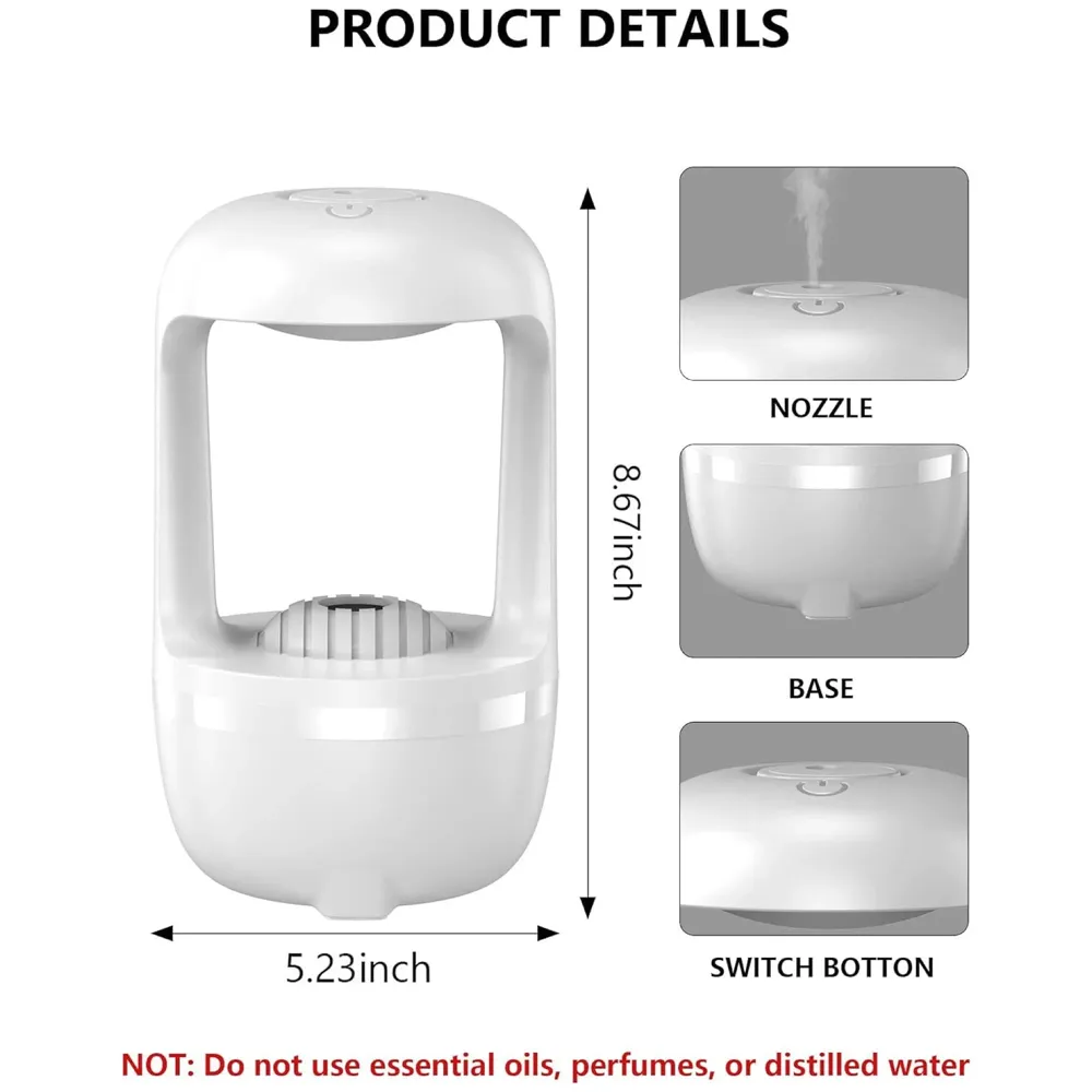 Anti-Gravity Humidifier Ultrasonic Cold Mist With Water Drop Spraying, Backflow Of Water Unique Lighting Design, Bedroom And Office Humidifier, Automatic Stop Function, White, 500 ML - 3