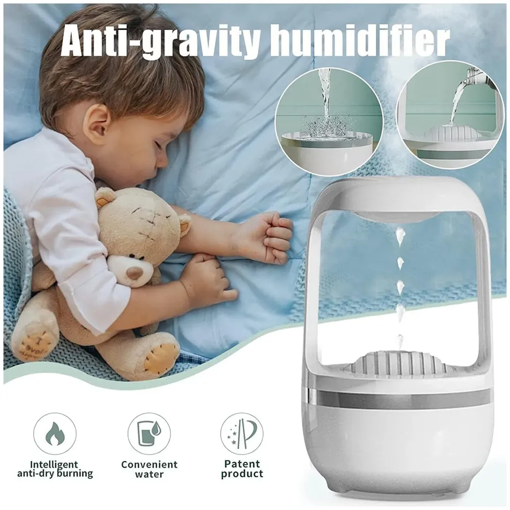 Anti-Gravity Humidifier Ultrasonic Cold Mist With Water Drop Spraying, Backflow Of Water Unique Lighting Design, Bedroom And Office Humidifier, Automatic Stop Function, White, 500 ML - 5
