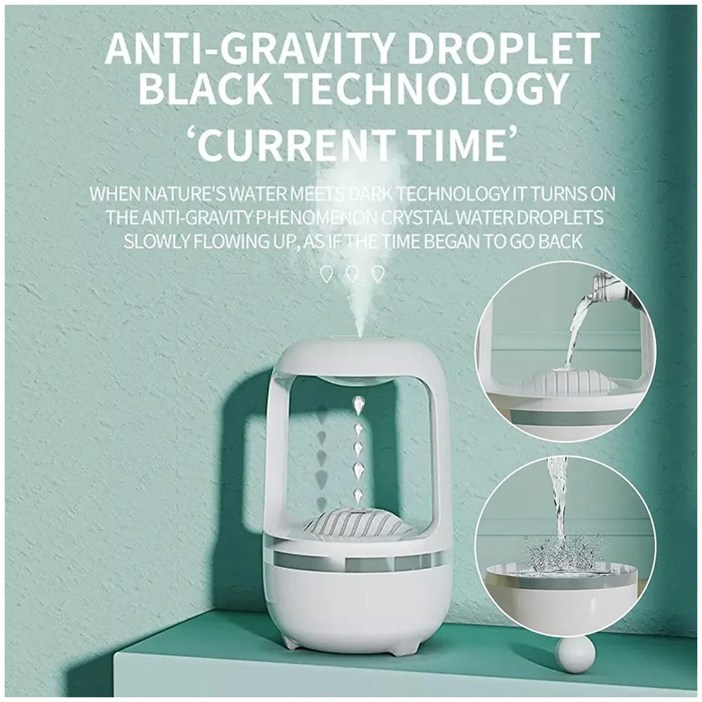 Anti-Gravity Humidifier Ultrasonic Cold Mist With Water Drop Spraying, Backflow Of Water Unique Lighting Design, Bedroom And Office Humidifier, Automatic Stop Function, White, 500 ML - 6