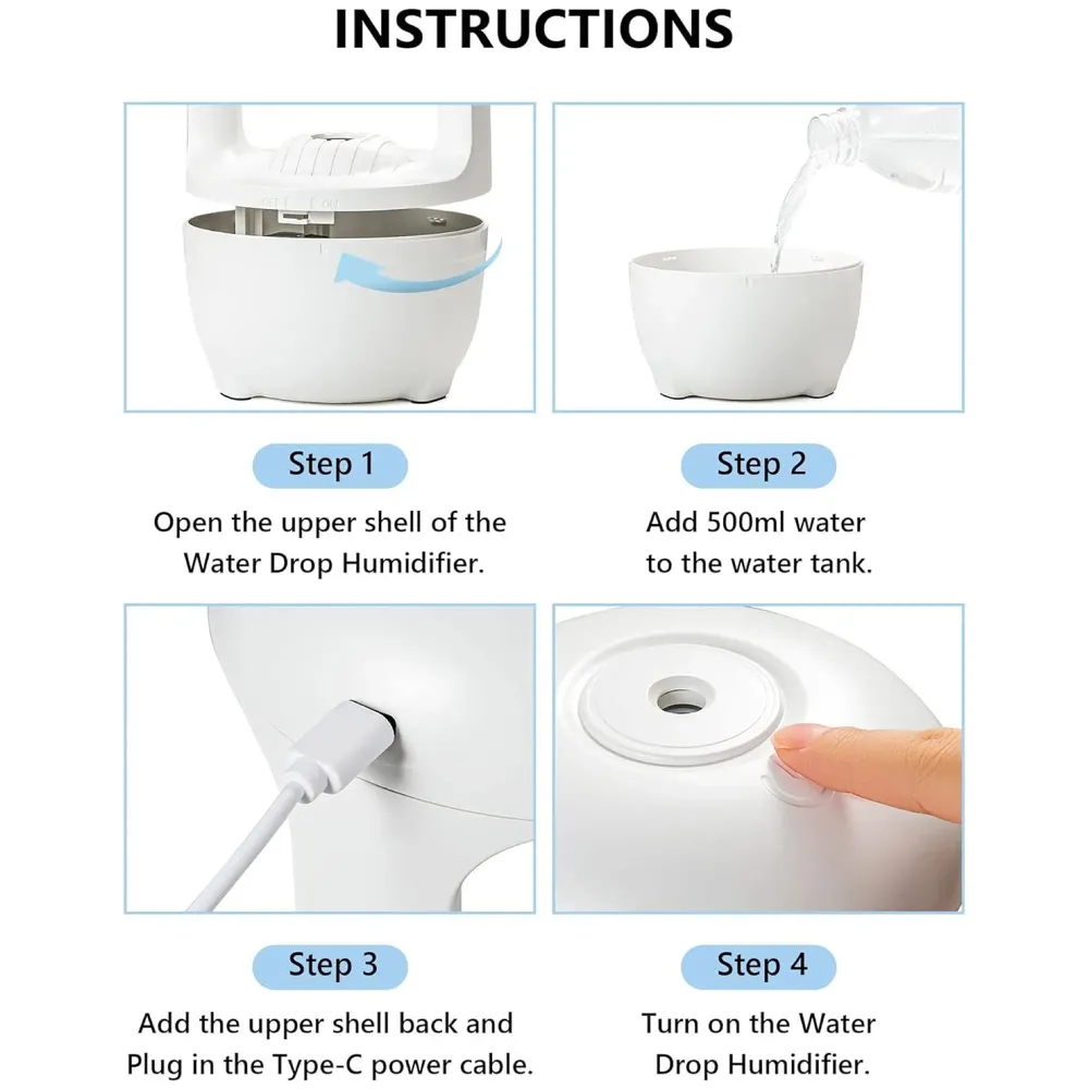 Anti-Gravity Humidifier Ultrasonic Cold Mist With Water Drop Spraying, Backflow Of Water Unique Lighting Design, Bedroom And Office Humidifier, Automatic Stop Function, White, 500 ML - 8
