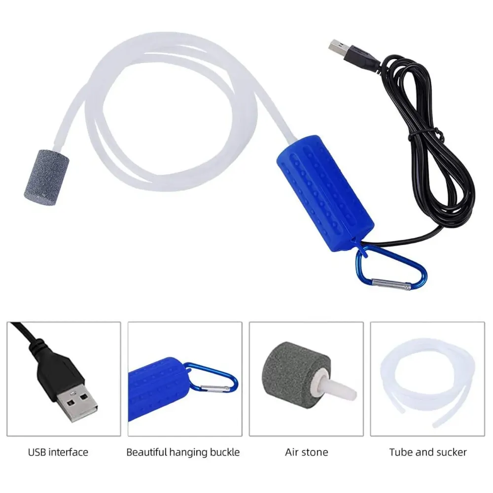 Aquarium Oxygen Pump - USB Air Pump - Quietest Portable Aquarium Air Pump - Air Stone and Hose Included - Low Power Usage