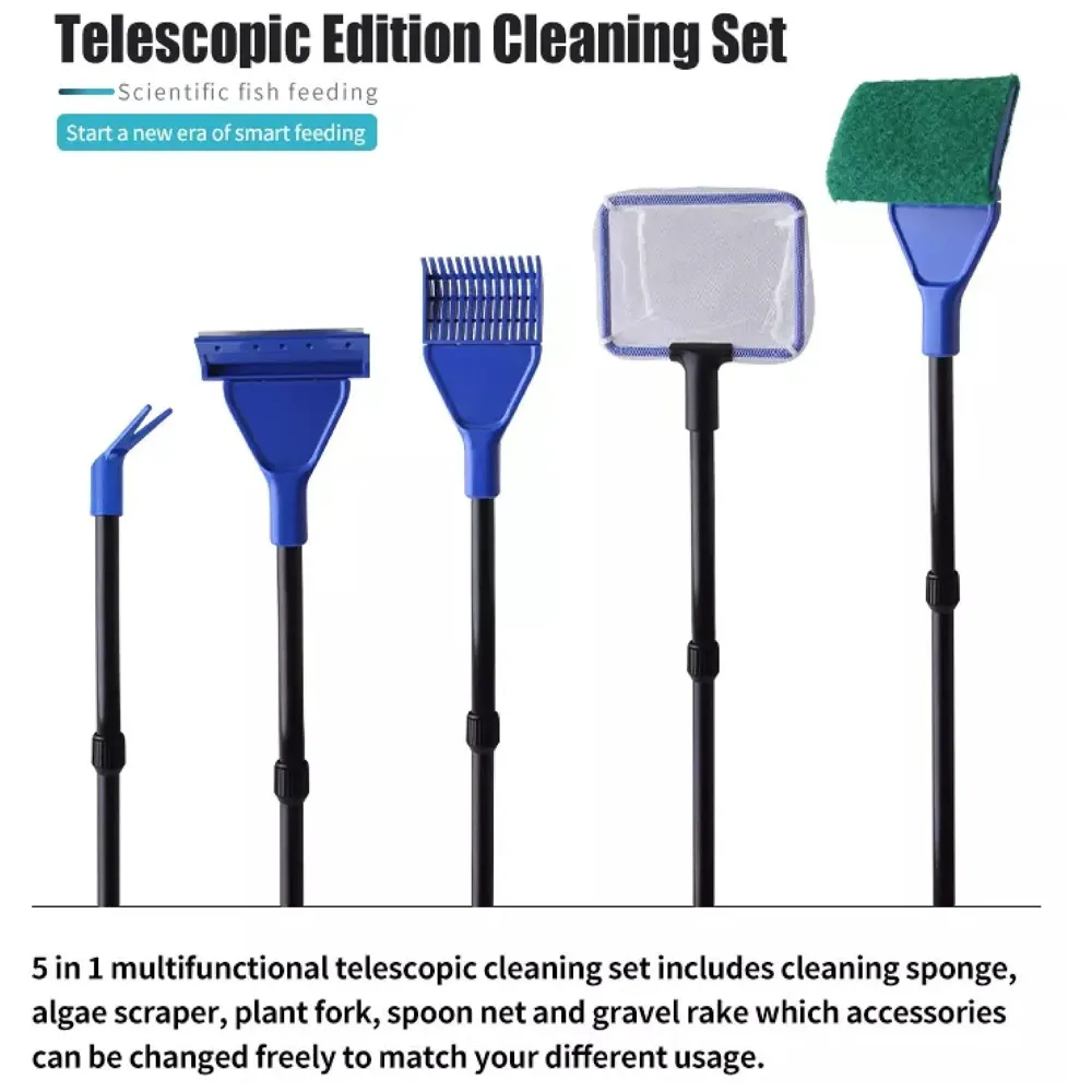 5 in 1 Aquarium Fish Tank Clean Set Algae Scraper Fish Net Sponge Plant Fork Gravel Rake. Telescopic 80cm Rod. - 2