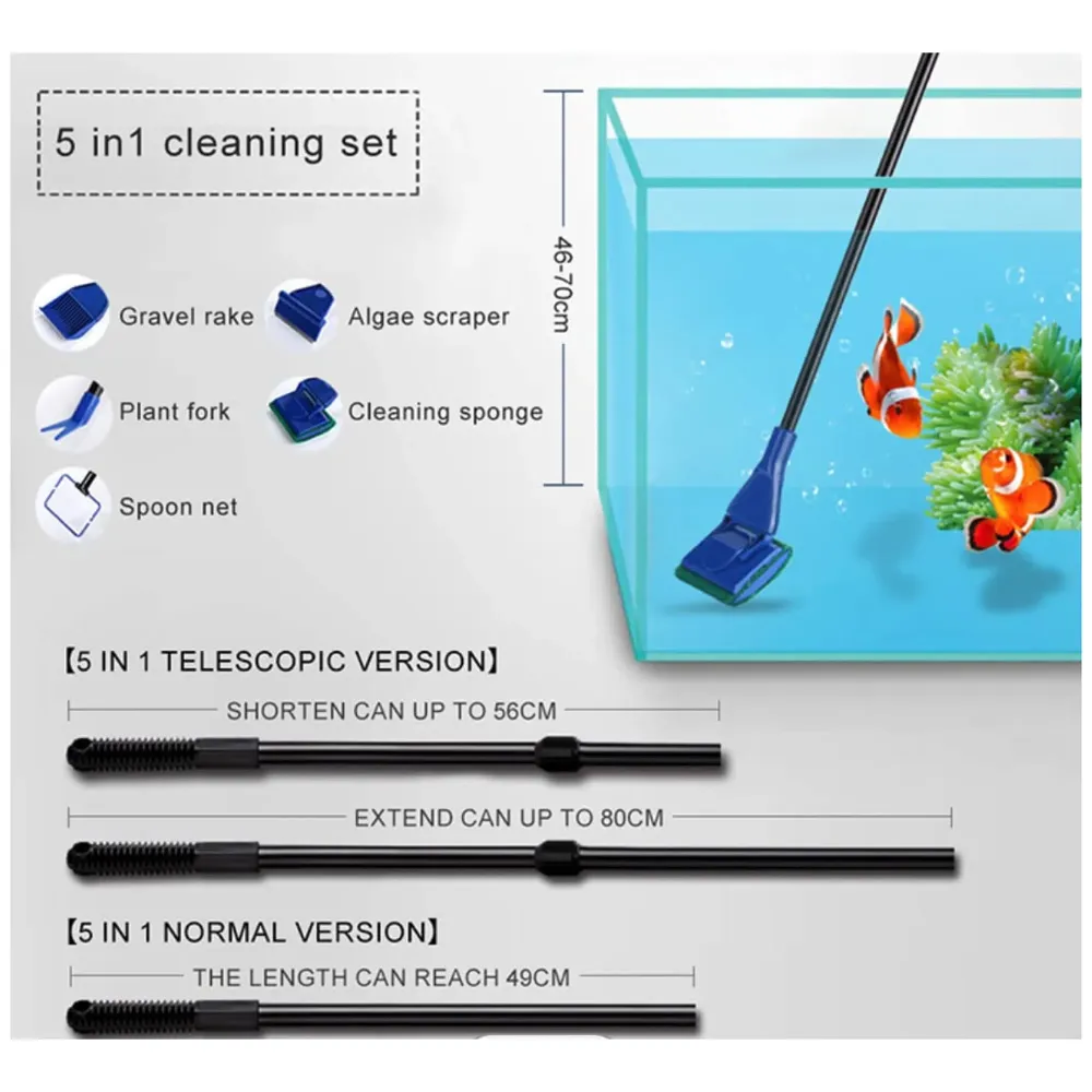 5 in 1 Aquarium Fish Tank Clean Set Algae Scraper Fish Net Sponge Plant Fork Gravel Rake. Telescopic 80cm Rod. - 4