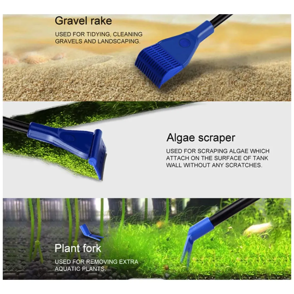 5 in 1 Aquarium Fish Tank Clean Set Algae Scraper Fish Net Sponge Plant Fork Gravel Rake. Telescopic 80cm Rod. - 6