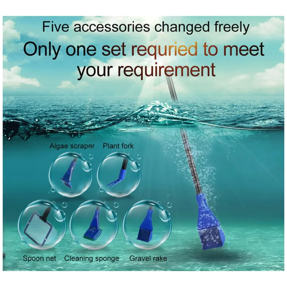 5 in 1 Aquarium Fish Tank Clean Set Algae Scraper Fish Net Sponge Plant Fork Gravel Rake. Telescopic 80cm Rod. - 8