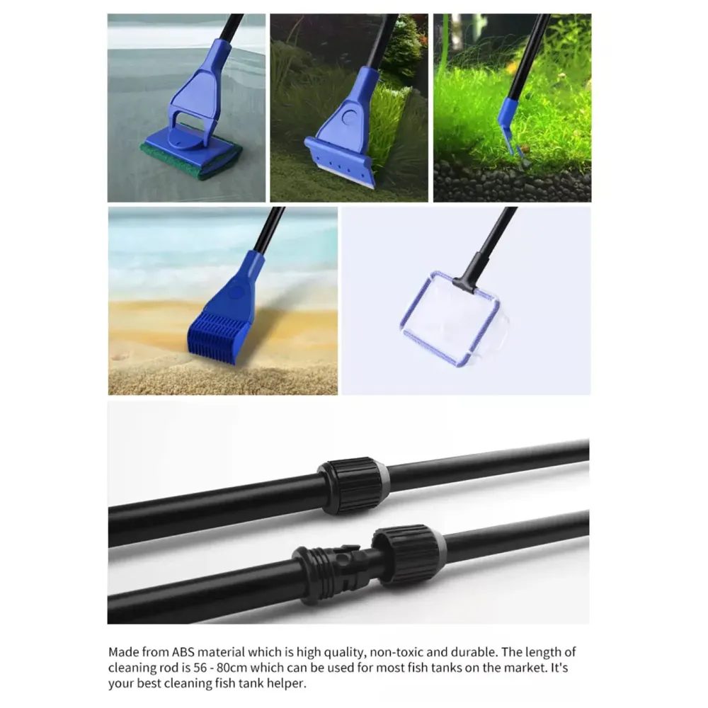 5 in 1 Aquarium Fish Tank Clean Set Algae Scraper Fish Net Sponge Plant Fork Gravel Rake. Telescopic 80cm Rod. - 9