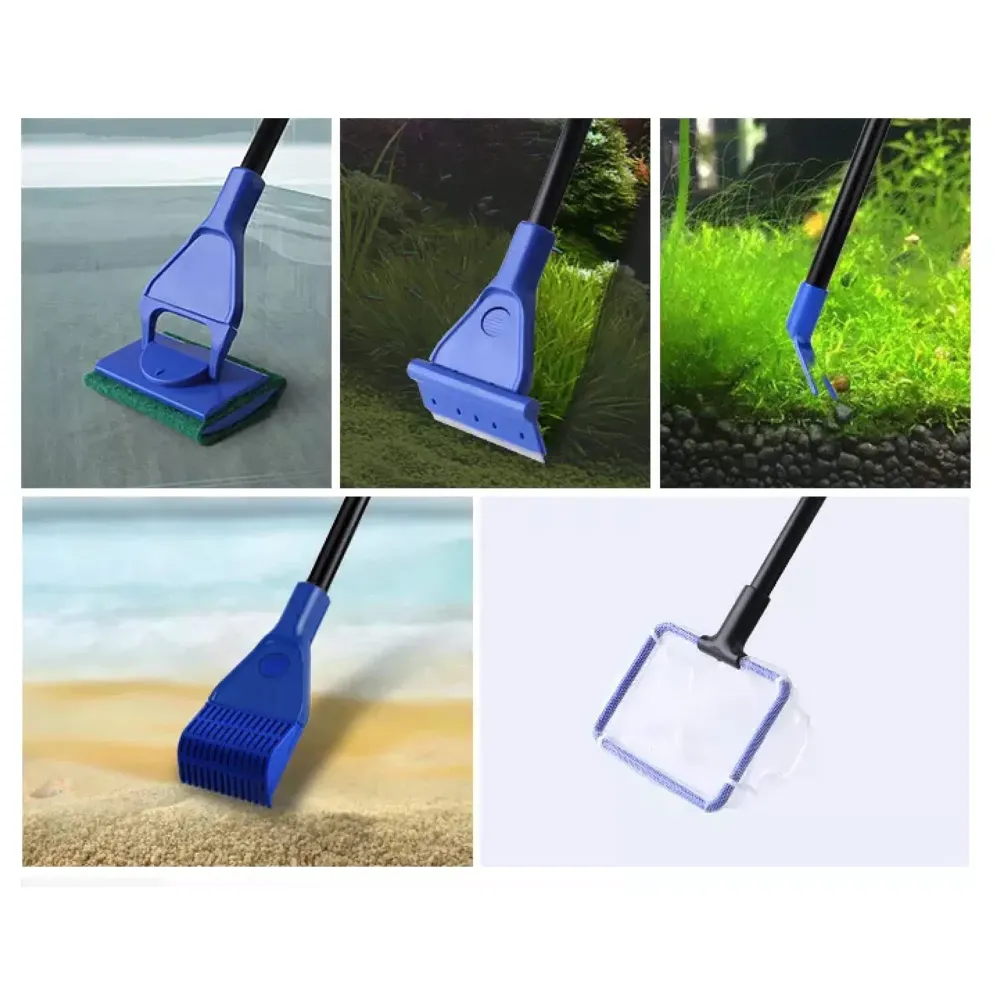 5 in 1 Aquarium Fish Tank Clean Set Algae Scraper Fish Net Sponge Plant Fork Gravel Rake. Telescopic 80cm Rod.