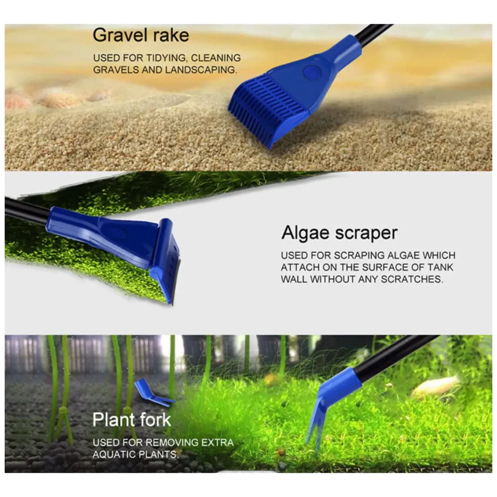 5 in 1 Aquarium Fish Tank Clean Set Algae Scraper Fish Net Sponge Plant Fork Gravel Rake. Telescopic 80cm Rod.