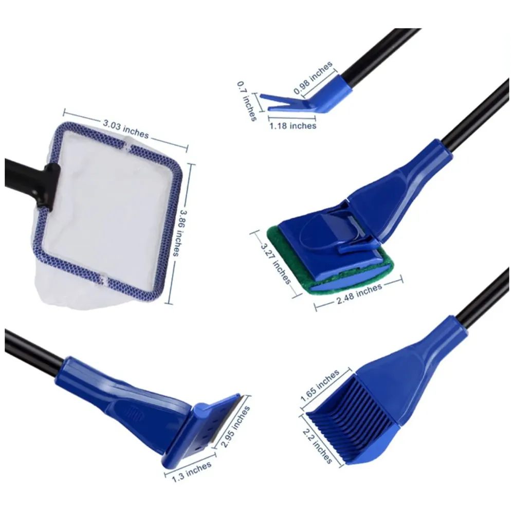 5 in 1 Aquarium Fish Tank Clean Set Algae Scraper Fish Net Sponge Plant Fork Gravel Rake. Telescopic 80cm Rod.