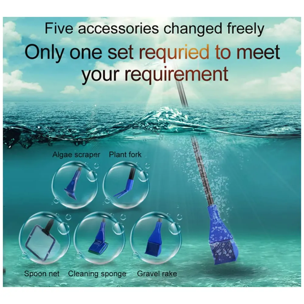 5 in 1 Aquarium Fish Tank Clean Set Algae Scraper Fish Net Sponge Plant Fork Gravel Rake. Telescopic 80cm Rod.