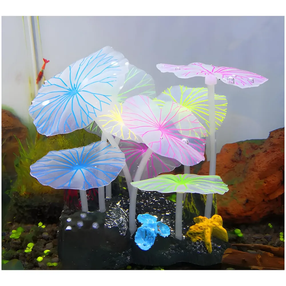 Fluorescent Glowing Effect Artificial Plants Flowers Aquarium Plant Decor Ornament Decoration for Fish Tank Landscape Size- 10 x10 x 6 CM - Multi, Medium, Silicone, (Flower Glow) - 4