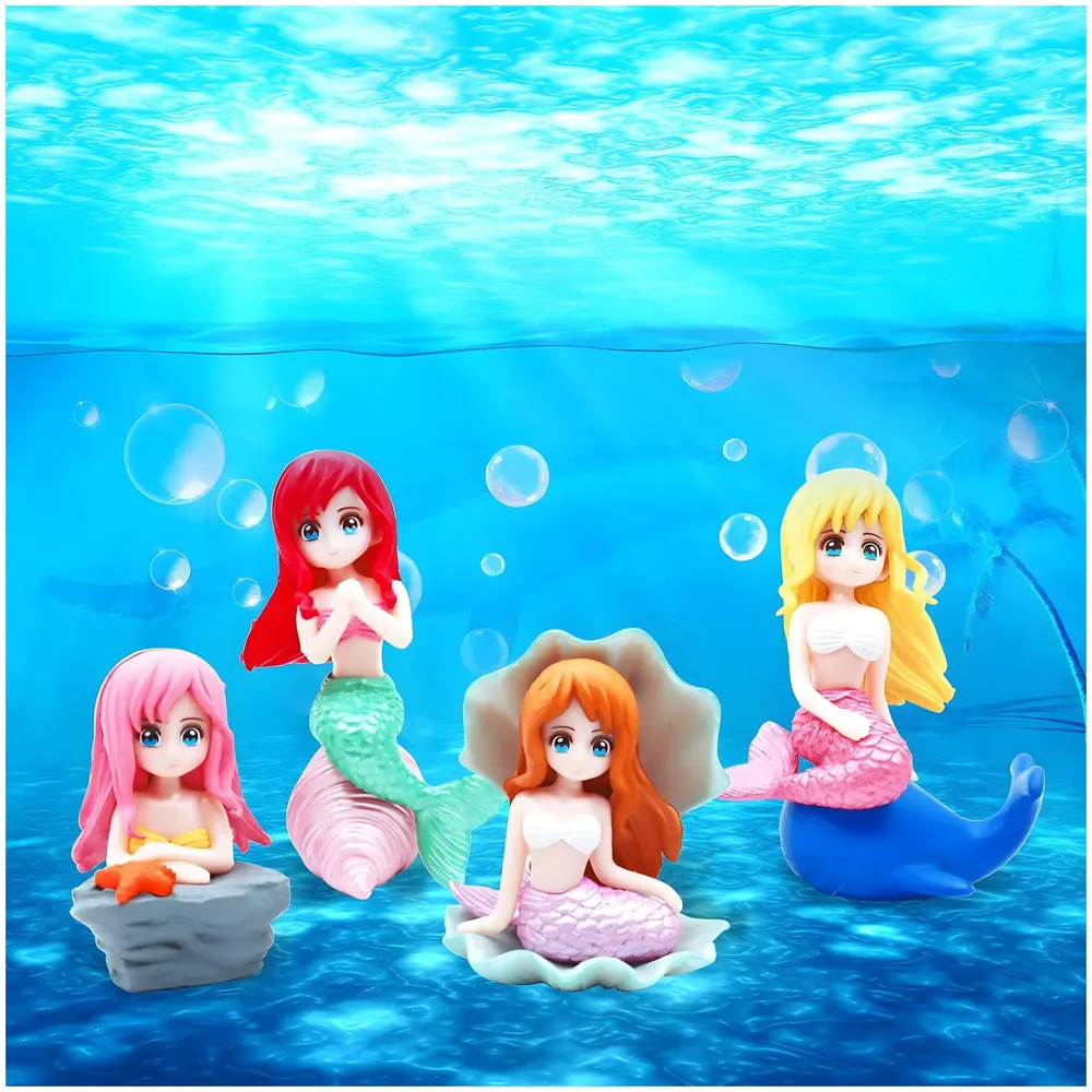 Aquarium 4 PCS Cute Mermaid Ornament, Shell Mermaids for Aquariums, Cake Topper, Fish Tank, DIY Decor, Ornament Miniatures Figures, 5.7 Cm PVC Multi Colour
