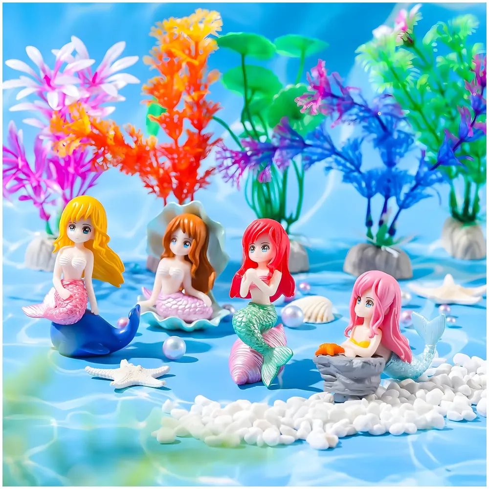 Aquarium 4 PCS Cute Mermaid Ornament, Shell Mermaids for Aquariums, Cake Topper, Fish Tank, DIY Decor, Ornament Miniatures Figures, 5.7 Cm PVC Multi Colour - 2