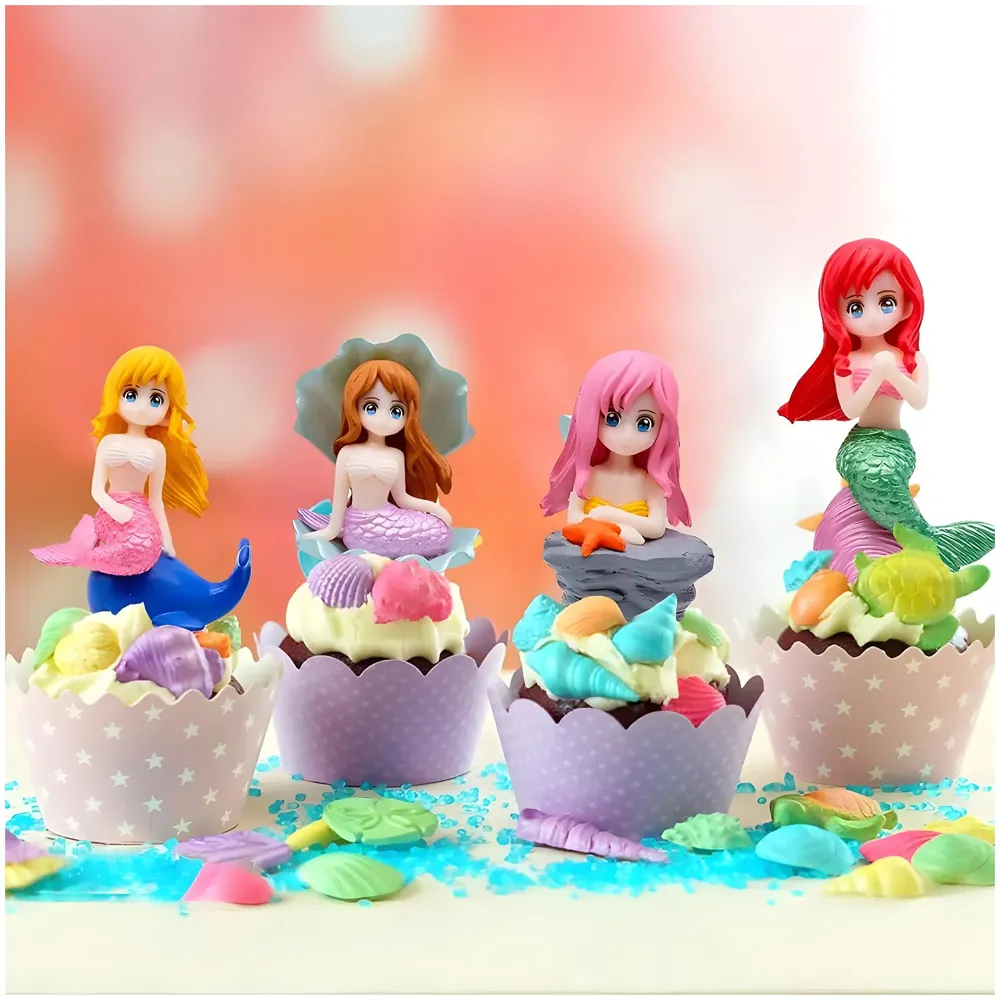 Aquarium 4 PCS Cute Mermaid Ornament, Shell Mermaids for Aquariums, Cake Topper, Fish Tank, DIY Decor, Ornament Miniatures Figures, 5.7 Cm PVC Multi Colour - 9