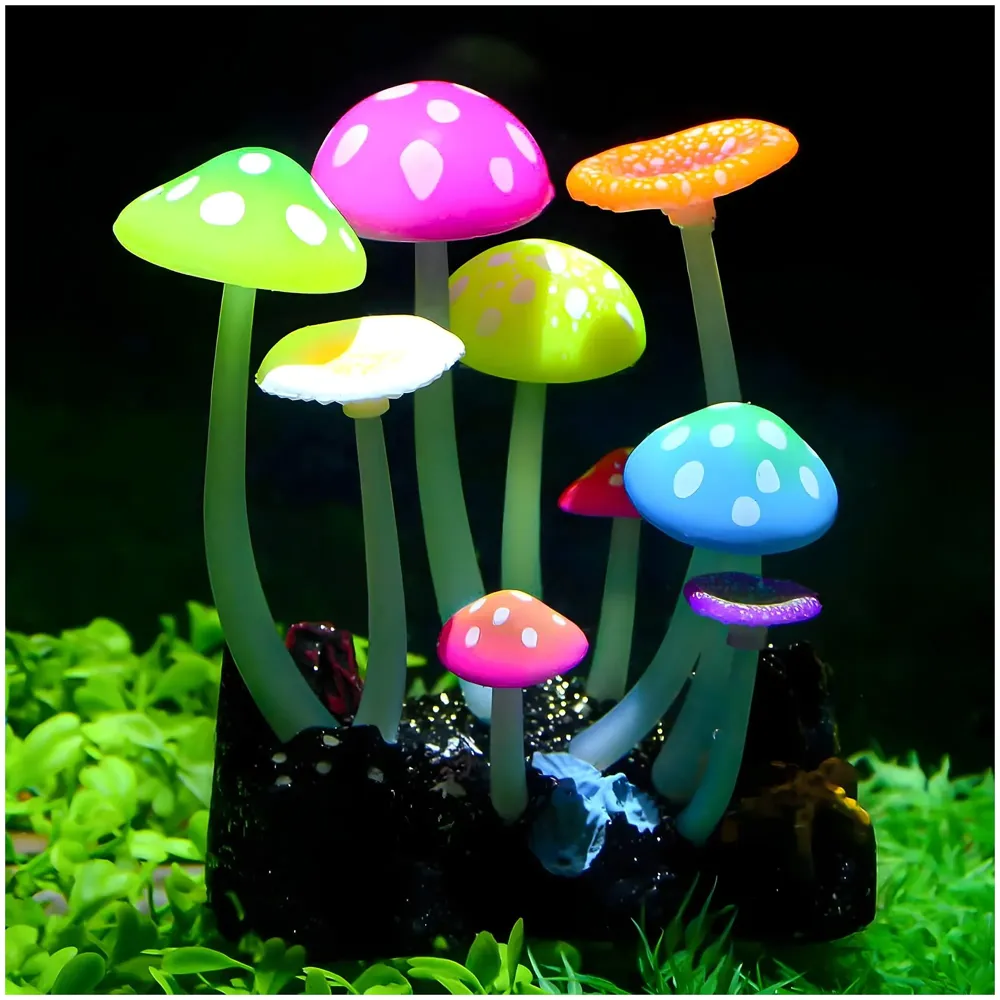 Fluorescent Glowing Effect Artificial Mushroom Aquarium Plant Decor Ornament Decoration for Fish Tank Landscape 10 x10 x 6 CM