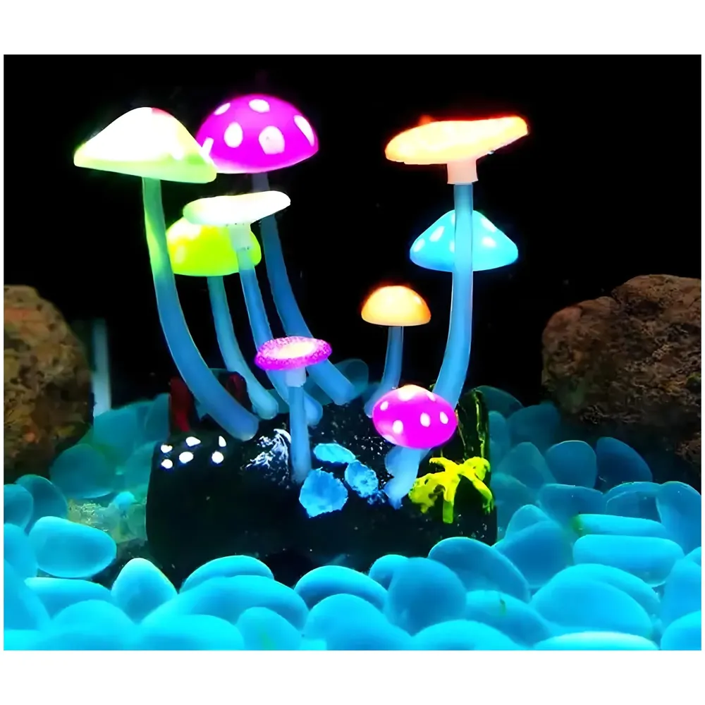 Fluorescent Glowing Effect Artificial Mushroom Aquarium Plant Decor Ornament Decoration for Fish Tank Landscape 10 x10 x 6 CM