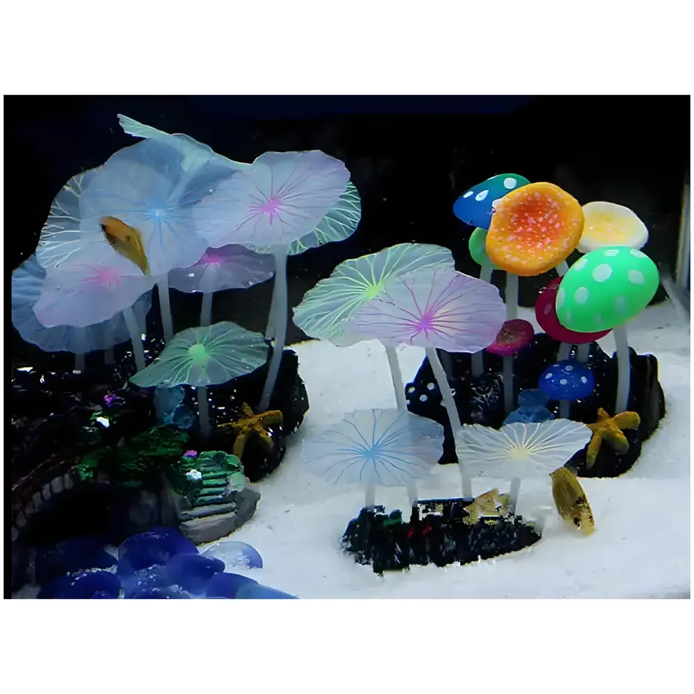 Fluorescent Glowing Effect Artificial Mushroom Aquarium Plant Decor Ornament Decoration for Fish Tank Landscape 10 x10 x 6 CM