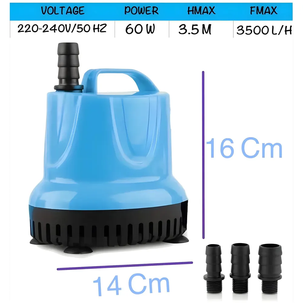 3500L/H 60W Submersible Water Fountain Pump For Aquariums Powerful Large Water Pump for Fountain, Suction Cup Bottom Water Circulation Pumps, Air Pump for Pond