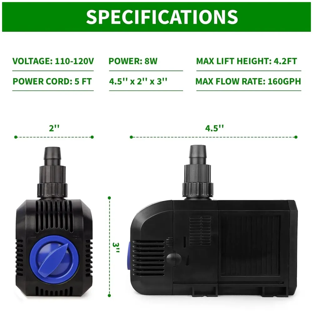 8W 160 GPH Small Submersible Pump for Aquarium Fish Tank, Pond Fountain, Hydroponic, aquapon - 2