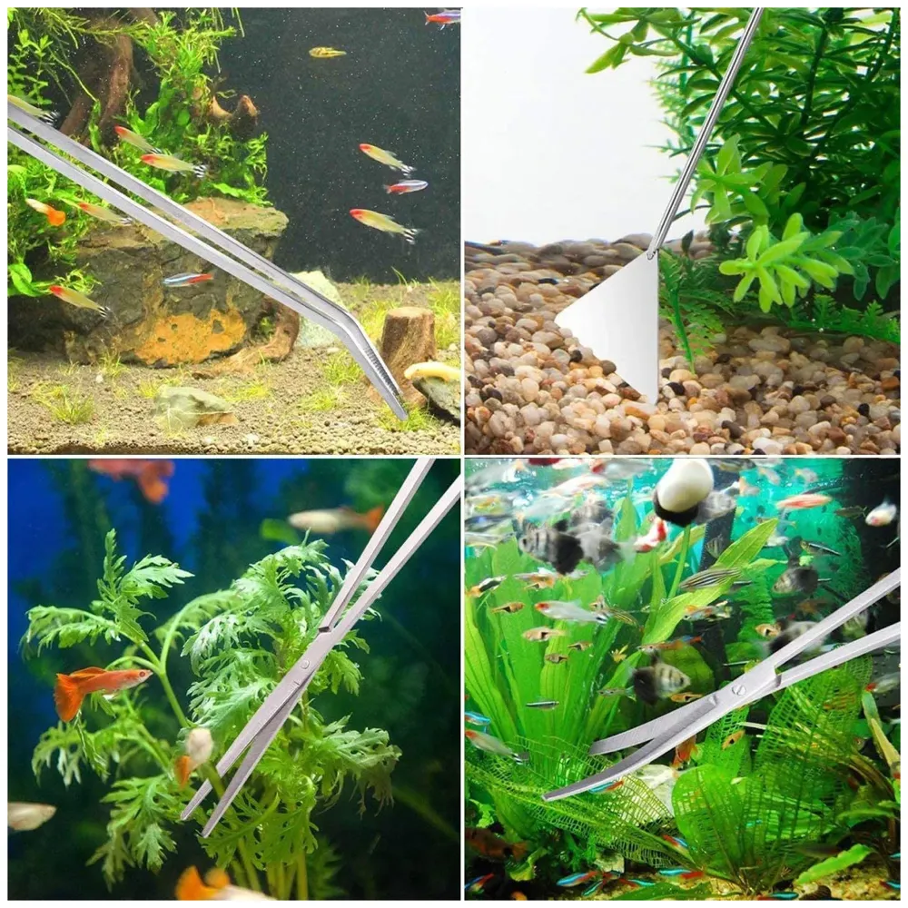 5 pcs Aquarium Cleaning Tool Kit with Carry Case Aqua scaping Tools - Includes Straight & Curved Scissors, Substrate Spatula, Straight & Bent Tweezers - Stainless Steel, for Fish Tank