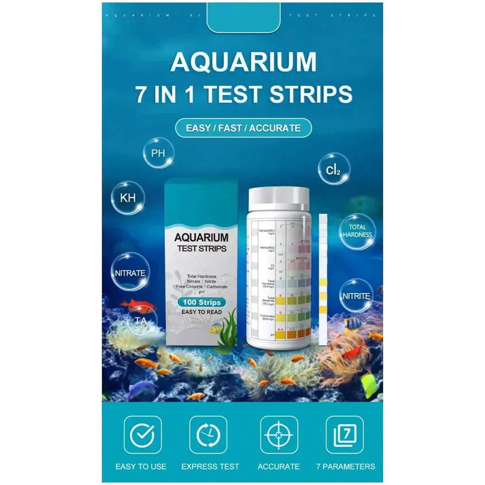100 Strips 7 in 1 Aquarium Test Strips, Master Kit for Freshwater, Saltwater, Pond Test Strips for Fish Tank Testing pH, Alkalinity, Nitrite, Nitrate, Chlorine, Carbonate, Hardness