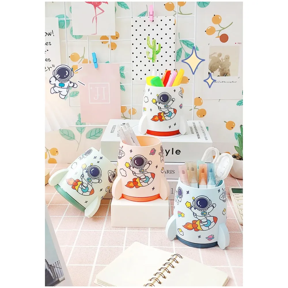 Astronaut Pen Holder Stationery Holder Cup Pencil Holder DIY Stickers Included (Blue) - 5