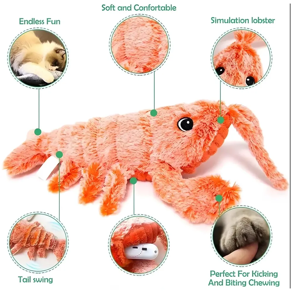 Automatic Jumping Electric Lobster Fish Cat Toys for Kittens, Wagging Fish Tail Toy, Cat Plush Toy, Cat Toy, Catnip Toy, USB Powered, Simulation Catfish Toy - 32cm x 20cm - 2