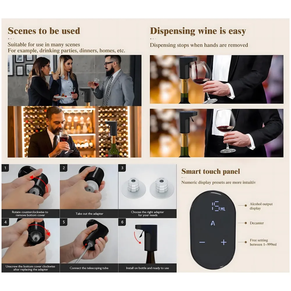 Electric Liquor Dispenser Wine Decanter Digital Aerator Pourer Whiskey Adjustable Quantity Liquor Pump Alcohol Pourer Bar for Home Electric Measuring Cup 0-999ML Adjustment Portable Black - 4