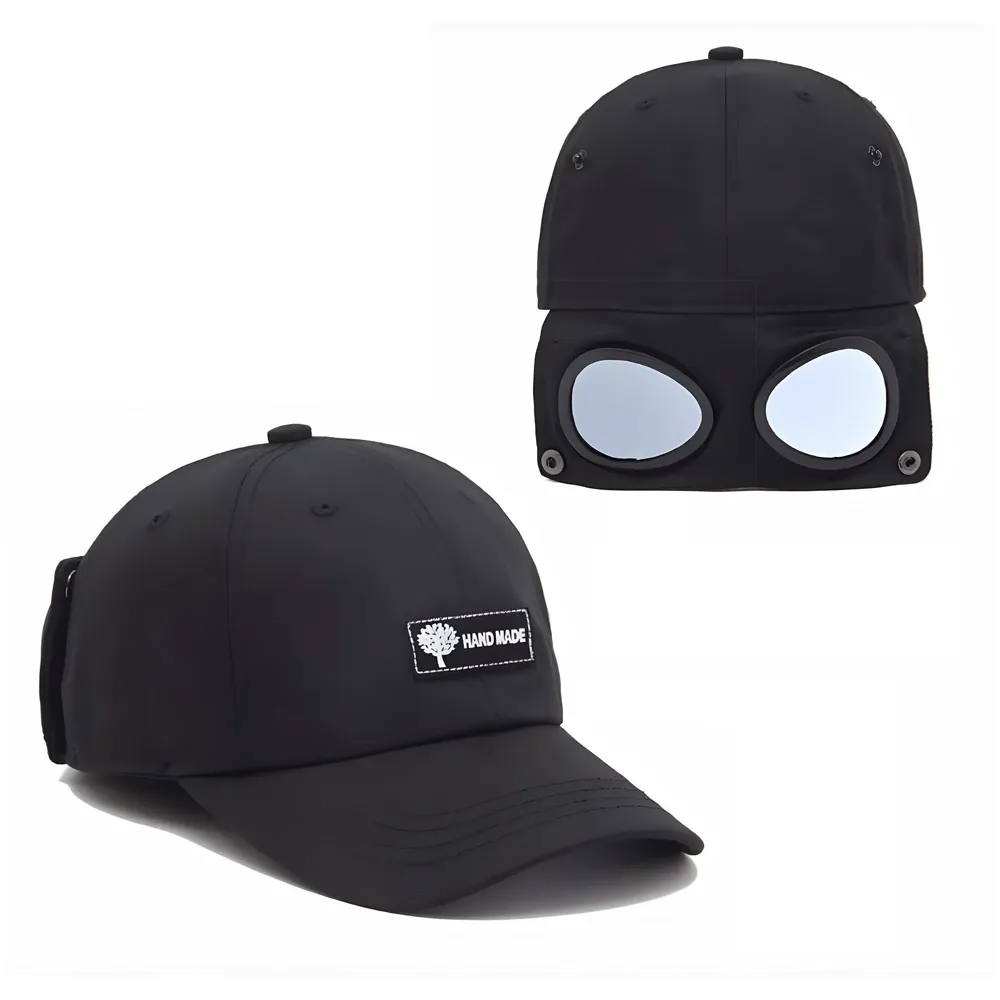 Aviator Cap for Men & Women, Retro Streetwear Baseball Hat with Built-in Aviator Lens Design, Adjustable Cotton Cap – Black