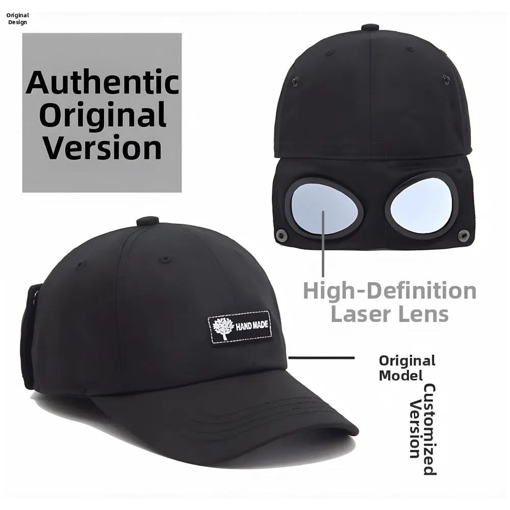 Aviator Cap for Men & Women, Retro Streetwear Baseball Hat with Built-in Aviator Lens Design, Adjustable Cotton Cap – Black - 2