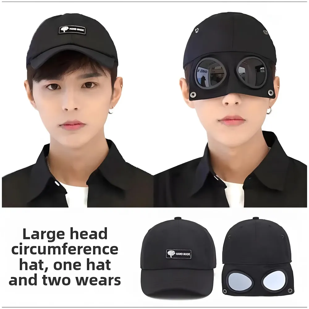 Aviator Cap for Men & Women, Retro Streetwear Baseball Hat with Built-in Aviator Lens Design, Adjustable Cotton Cap – Black - 5