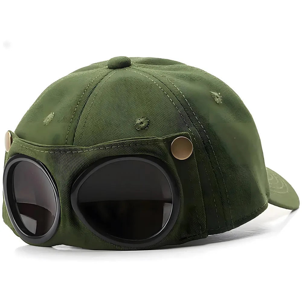 Aviator Cap for Men & Women, Retro Streetwear Baseball Hat with Built-in Aviator Lens Design, Adjustable Cotton Cap – Military Green